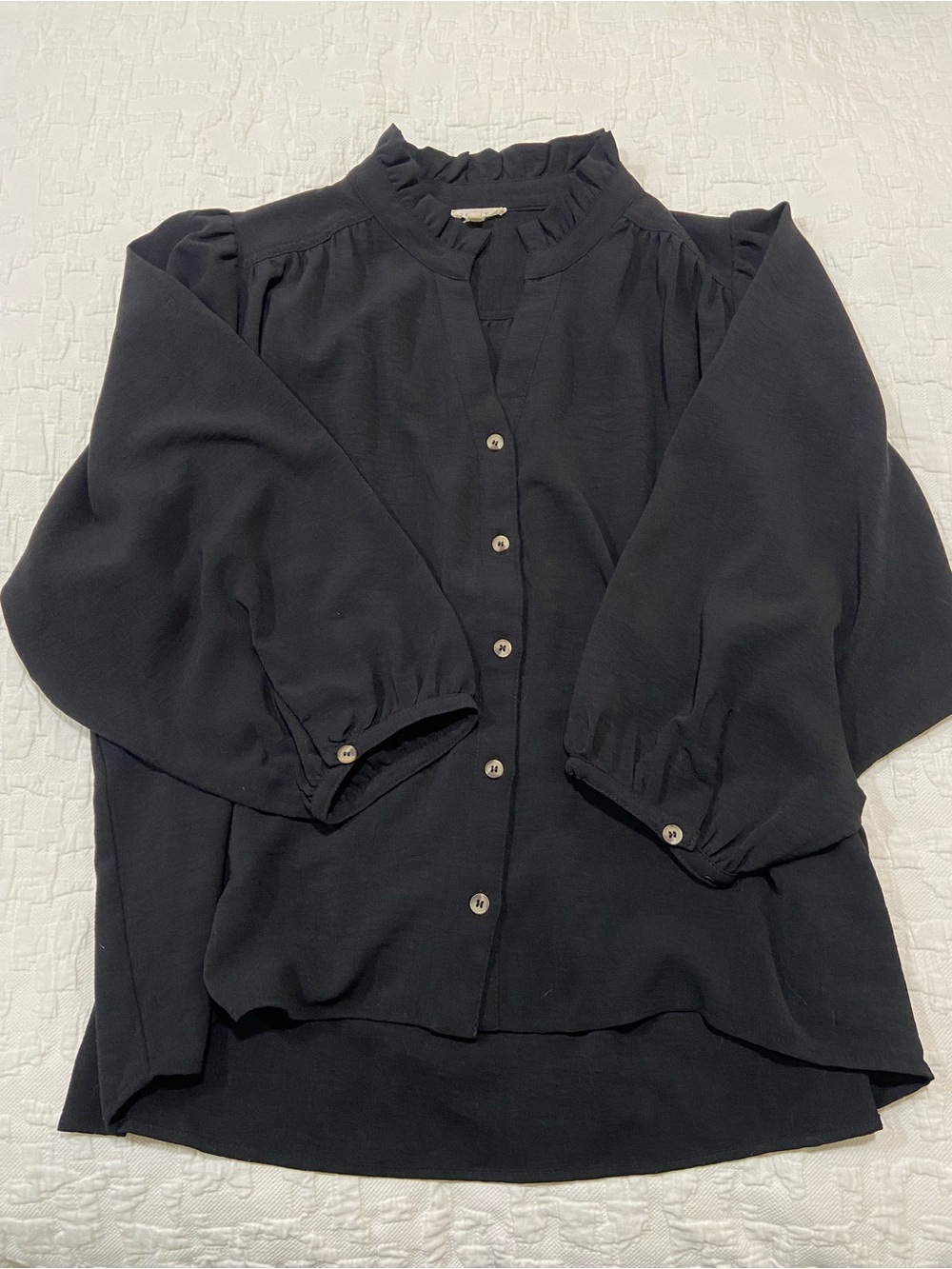 JODIFL Black Button-Front Ruffle Collar Blouse